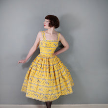 Load image into Gallery viewer, 50s BRIGHT YELLOW FLORAL SQUIGGLE PRINT FULL SKIRTED SUN DRESS - XS-S