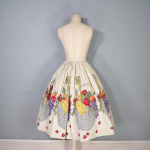 50s NOVELTY BORDER HARVEST BASKET FRUIT AND VEGETABLE PRINT FULL SKIRT - 26.5"