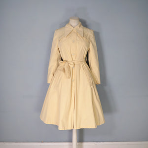 70s YELLOWY BEIGE BELTED FIT AND FLARE AUTUMN TRENCHCOAT - XS / petite
