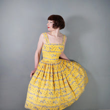 Load image into Gallery viewer, 50s BRIGHT YELLOW FLORAL SQUIGGLE PRINT FULL SKIRTED SUN DRESS - XS-S