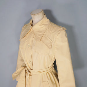 70s YELLOWY BEIGE BELTED FIT AND FLARE AUTUMN TRENCHCOAT - XS / petite