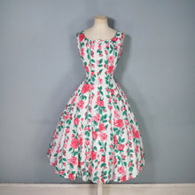 Load image into Gallery viewer, 50s PINK ROSE FLORAL PRINT FIT AND FLARE RAYON DRESS - L
