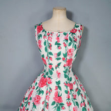 Load image into Gallery viewer, 50s PINK ROSE FLORAL PRINT FIT AND FLARE RAYON DRESS - L