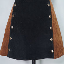 Load image into Gallery viewer, 70s style BROWN AND BLACK COLOURBLOCK SUEDE PINAFORE SKIRT - 27"