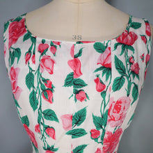 Load image into Gallery viewer, 50s PINK ROSE FLORAL PRINT FIT AND FLARE RAYON DRESS - L