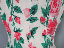 Load image into Gallery viewer, 50s PINK ROSE FLORAL PRINT FIT AND FLARE RAYON DRESS - L