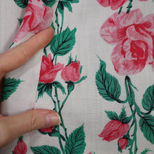 Load image into Gallery viewer, 50s PINK ROSE FLORAL PRINT FIT AND FLARE RAYON DRESS - L