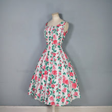 Load image into Gallery viewer, 50s PINK ROSE FLORAL PRINT FIT AND FLARE RAYON DRESS - L