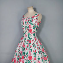Load image into Gallery viewer, 50s PINK ROSE FLORAL PRINT FIT AND FLARE RAYON DRESS - L