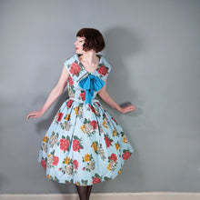 Load image into Gallery viewer, 50s CHAPON LIGHT BLUE HUGE RED WHITE AND YELLOW ROSE PRINT DRESS - M