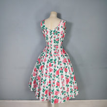Load image into Gallery viewer, 50s PINK ROSE FLORAL PRINT FIT AND FLARE RAYON DRESS - L