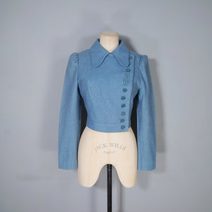 60s ART DECO WALLIS SOFT BLUE SKIRT SUIT WITH LOTS OF BUTTONS - XS-S
