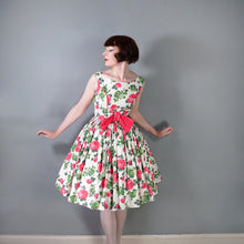 Load image into Gallery viewer, 50s 60s CARNEGIE PINK ROSE PRINT FULL SKIRTED DRESS WITH BOW - XS-S