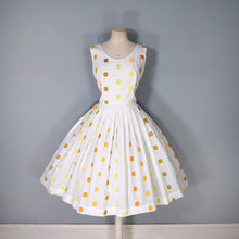 Load image into Gallery viewer, 50s WHITE FULL SKIRTED DRESS WITH WOVEN COLOURFUL DOTS - S