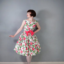 Load image into Gallery viewer, 50s 60s CARNEGIE PINK ROSE PRINT FULL SKIRTED DRESS WITH BOW - XS-S