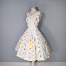 Load image into Gallery viewer, 50s WHITE FULL SKIRTED DRESS WITH WOVEN COLOURFUL DOTS - S