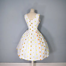 Load image into Gallery viewer, 50s WHITE FULL SKIRTED DRESS WITH WOVEN COLOURFUL DOTS - S