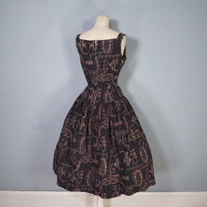 50s DARK BROWN HAWAIIAN STYLE FISH PRINT FULL SKIRTED DRESS - S