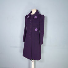 Load image into Gallery viewer, 60s HARRODS PURPLE PUFF SLEEVE MOD COAT WITH FLORAL APPLIQUE - XS