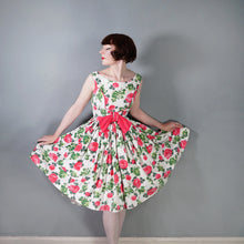 Load image into Gallery viewer, 50s 60s CARNEGIE PINK ROSE PRINT FULL SKIRTED DRESS WITH BOW - XS-S