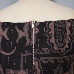 50s DARK BROWN HAWAIIAN STYLE FISH PRINT FULL SKIRTED DRESS - S