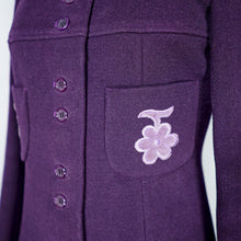 Load image into Gallery viewer, 60s HARRODS PURPLE PUFF SLEEVE MOD COAT WITH FLORAL APPLIQUE - XS