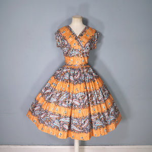 50s SAMBO FASHIONS ORANGE FLORAL AND PAISLEY PATTERNED PAINTERLY DRESS - S