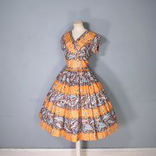 Load image into Gallery viewer, 50s SAMBO FASHIONS ORANGE FLORAL AND PAISLEY PATTERNED PAINTERLY DRESS - S
