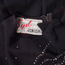 Load image into Gallery viewer, 40s BLACK RAYON CREPE STUDDED MESH CUT OUT COCKTAIL DRESS - S