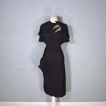Load image into Gallery viewer, 40s BLACK RAYON CREPE STUDDED MESH CUT OUT COCKTAIL DRESS - S