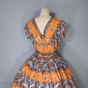 50s SAMBO FASHIONS ORANGE FLORAL AND PAISLEY PATTERNED PAINTERLY DRESS - S