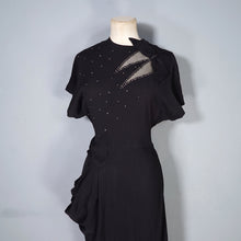 Load image into Gallery viewer, 40s BLACK RAYON CREPE STUDDED MESH CUT OUT COCKTAIL DRESS - S