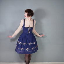 Load image into Gallery viewer, 70s BLUE TRACHTEN DIRNDL DRESS WITH PINK FLORAL EMBROIDERY - S