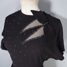 Load image into Gallery viewer, 40s BLACK RAYON CREPE STUDDED MESH CUT OUT COCKTAIL DRESS - S