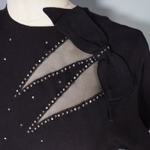 Load image into Gallery viewer, 40s BLACK RAYON CREPE STUDDED MESH CUT OUT COCKTAIL DRESS - S