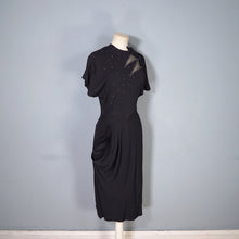 Load image into Gallery viewer, 40s BLACK RAYON CREPE STUDDED MESH CUT OUT COCKTAIL DRESS - S