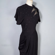 Load image into Gallery viewer, 40s BLACK RAYON CREPE STUDDED MESH CUT OUT COCKTAIL DRESS - S