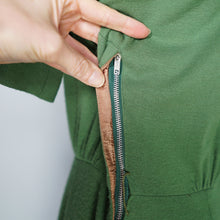Load image into Gallery viewer, 60s SOFT GREEN WOOL FITTED DRESS WITH NECK BOW AND BACK BUTTONING - M