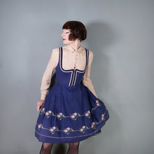 Load image into Gallery viewer, 70s BLUE TRACHTEN DIRNDL DRESS WITH PINK FLORAL EMBROIDERY - S