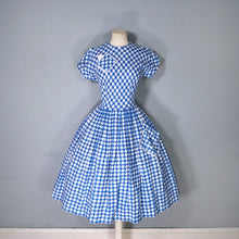 Load image into Gallery viewer, 50s BLUE HOUNDTOOTH PEGGY PAGE FULL SKIRTED DRESS WITH POCKETS - S