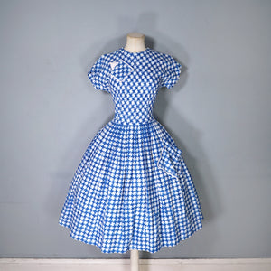 50s BLUE HOUNDTOOTH PEGGY PAGE FULL SKIRTED DRESS WITH POCKETS - S