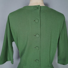 Load image into Gallery viewer, 60s SOFT GREEN WOOL FITTED DRESS WITH NECK BOW AND BACK BUTTONING - M