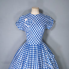 Load image into Gallery viewer, 50s BLUE HOUNDTOOTH PEGGY PAGE FULL SKIRTED DRESS WITH POCKETS - S