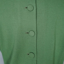 Load image into Gallery viewer, 60s SOFT GREEN WOOL FITTED DRESS WITH NECK BOW AND BACK BUTTONING - M