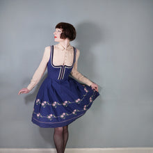 Load image into Gallery viewer, 70s BLUE TRACHTEN DIRNDL DRESS WITH PINK FLORAL EMBROIDERY - S