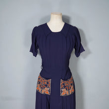 Load image into Gallery viewer, 40s NAVY BLUE RAYON CREPE DRESS WITH BEADED ORANGE POCKETS - XS