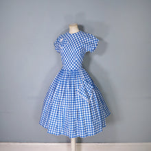 Load image into Gallery viewer, 50s BLUE HOUNDTOOTH PEGGY PAGE FULL SKIRTED DRESS WITH POCKETS - S