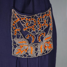 Load image into Gallery viewer, 40s NAVY BLUE RAYON CREPE DRESS WITH BEADED ORANGE POCKETS - XS