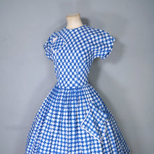 Load image into Gallery viewer, 50s BLUE HOUNDTOOTH PEGGY PAGE FULL SKIRTED DRESS WITH POCKETS - S