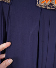 Load image into Gallery viewer, 40s NAVY BLUE RAYON CREPE DRESS WITH BEADED ORANGE POCKETS - XS